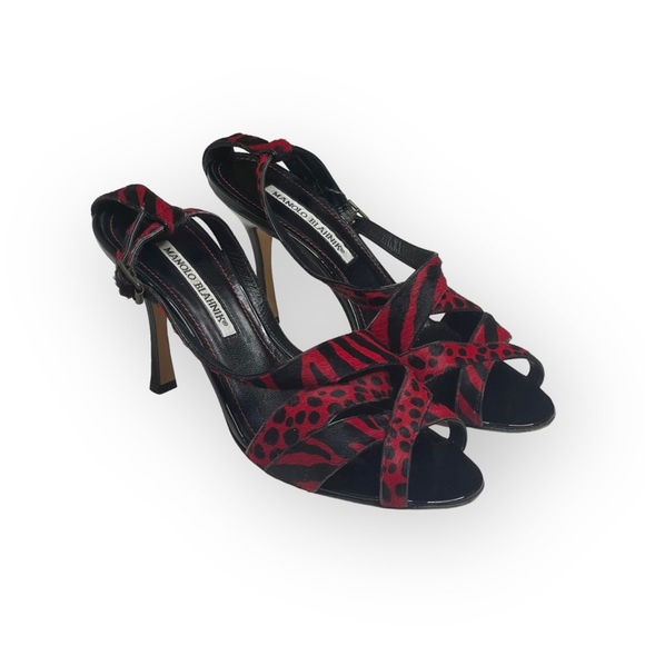 Manolo Blahnik ♕ Animal Printed Calf Hair Slingback Stiletto Sandals ♕ Black Red - Picture 10 of 17